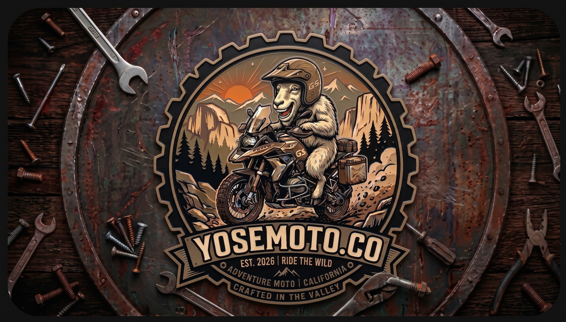 Yosemoto.co badge — a bear in a helmet riding an adventure motorcycle through Yosemite. Est. 2026, Ride the Wild. Adventure Moto, California — Crafted in the Valley.